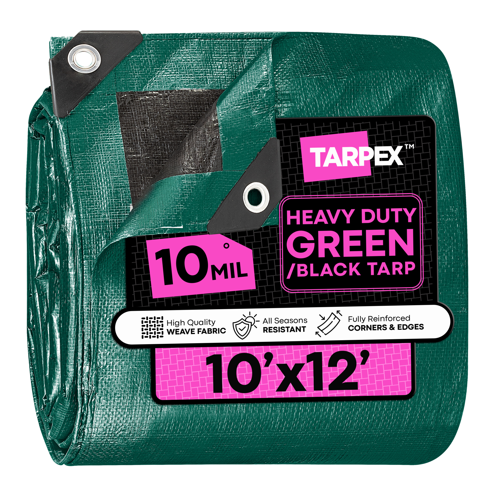TARPEX 10' x 12' Green/Black Waterproof Heavy-Duty 10 Mil Polyethylene Tarp with Reinforced Edges – Multipurpose Outdoor Cover